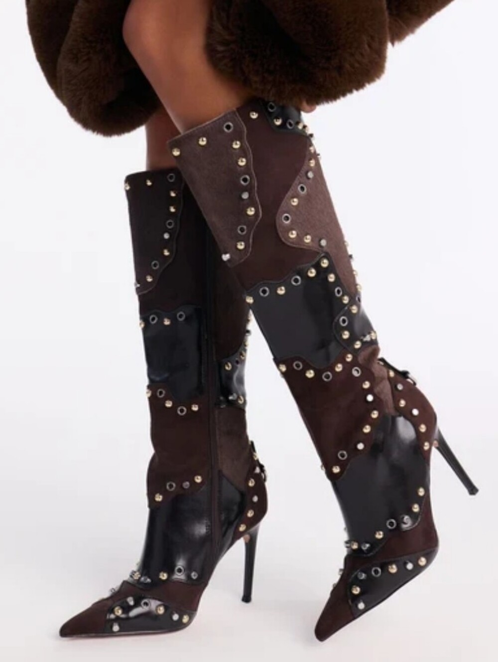 Steve Madden REVIVE Brown Suede Leather Patchwork Studded Knee Stiletto Boot 9.5